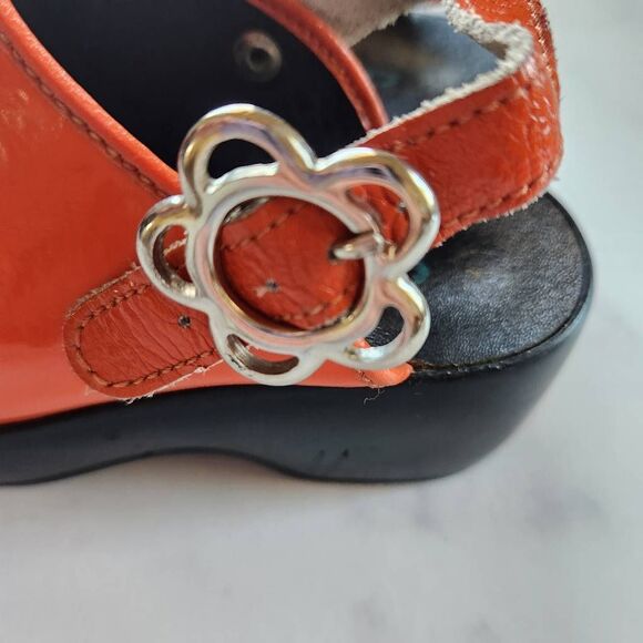 French 70s vintage glossy patent orange slingback wedge peep open toe size 12 ki - Picture 6 of 8